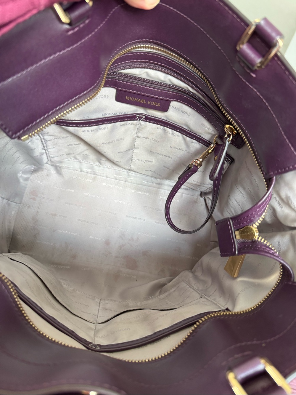 Michael Kors Mott Leather Tote with Gold MK Logo - Eggplant - Picture 8 of 12